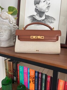 JW PEI Cream Canvas Satchel with Brown Vegan Leather Trim and Gold Hardware